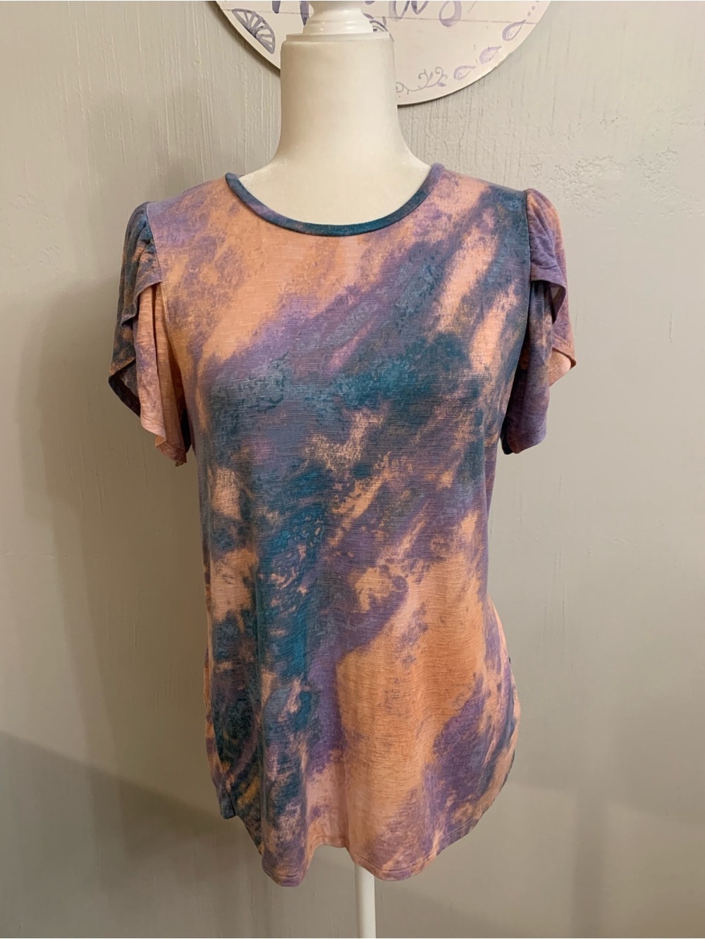 LuLaRoe Short Sleeve Tie-Dye Tee in Peach, Teal & Purple